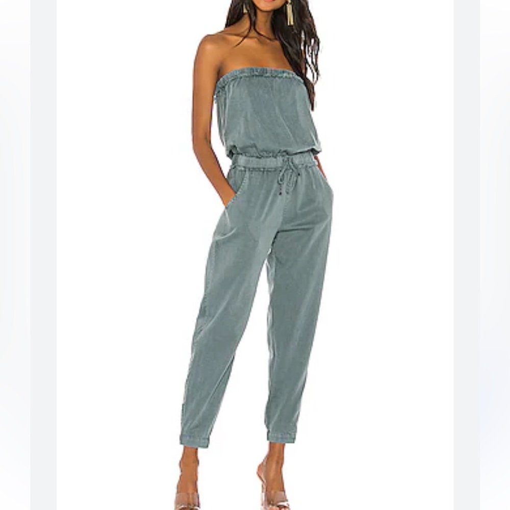 Strapless Elastic-Waist Jumpsuit in Dusty Teal